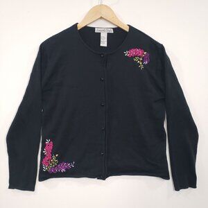 Samantha Taylor Black Cardigan Floral Embroidery Y2K Womens Size‎ L Cottagecore